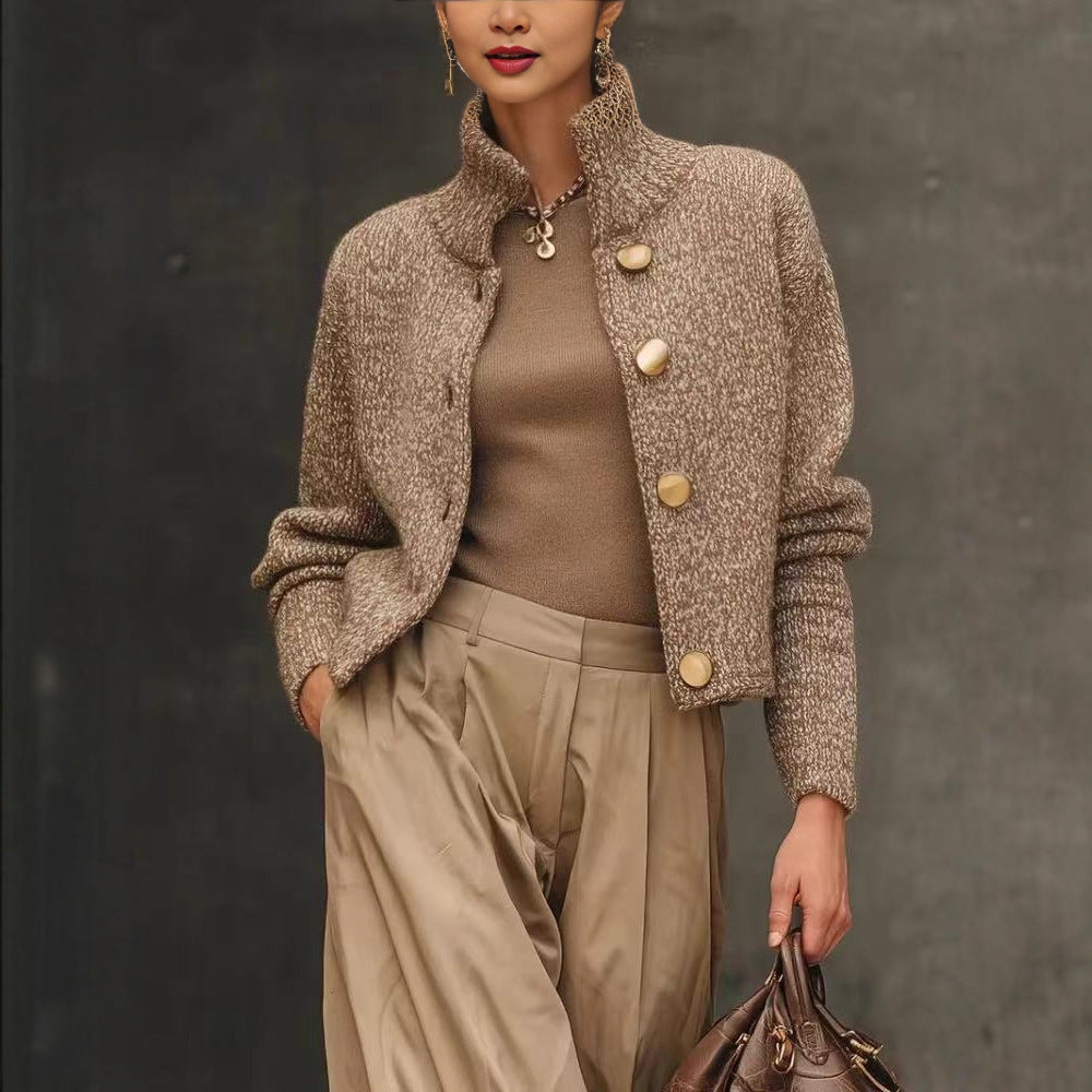 High-neck button-down knit cardigan