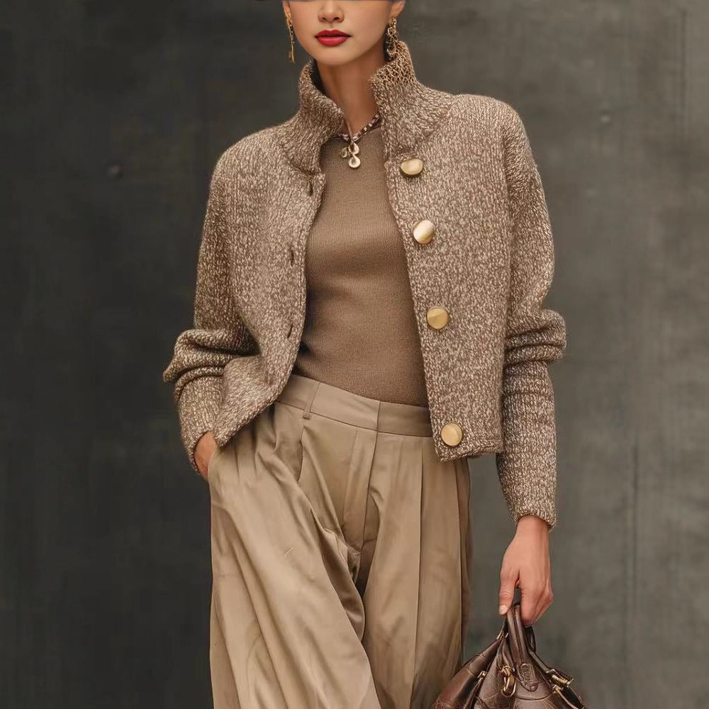 High-neck button-down knit cardigan