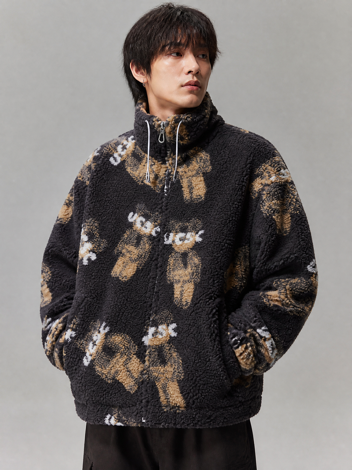 Graphic Sherpa Fleece Jacket, Oversized Stand Collar Outerwear