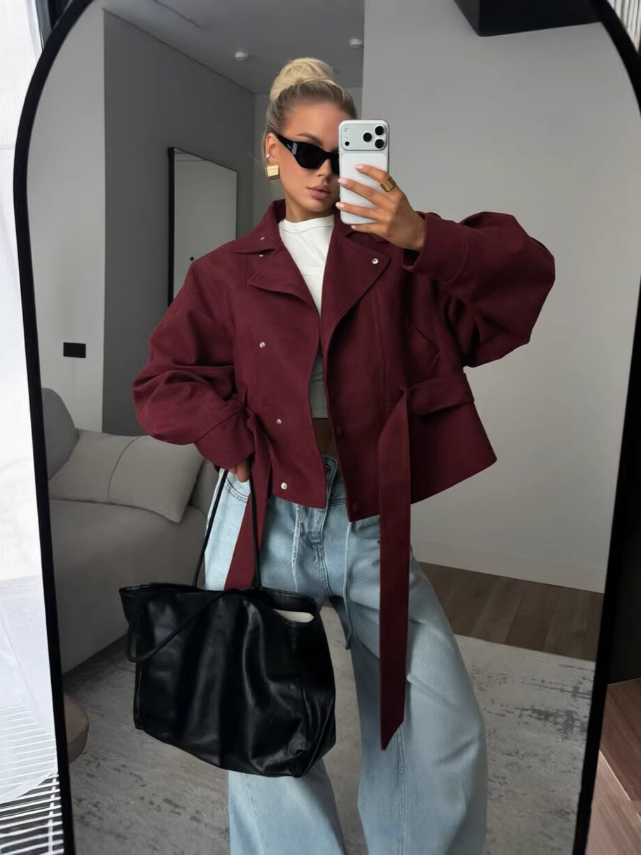 Women's Faux Suede Motorcycle Jacket with Lapel Collar