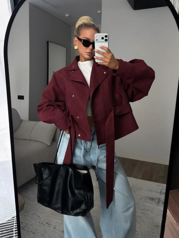 Women's Faux Suede Motorcycle Jacket with Lapel Collar