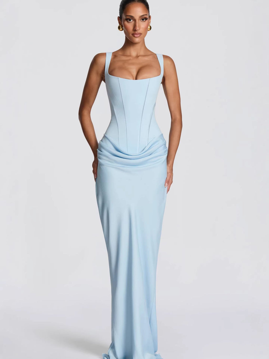 Sculpted Square-Neck Maxi Dress in Architectural Bodycon Silhouette
