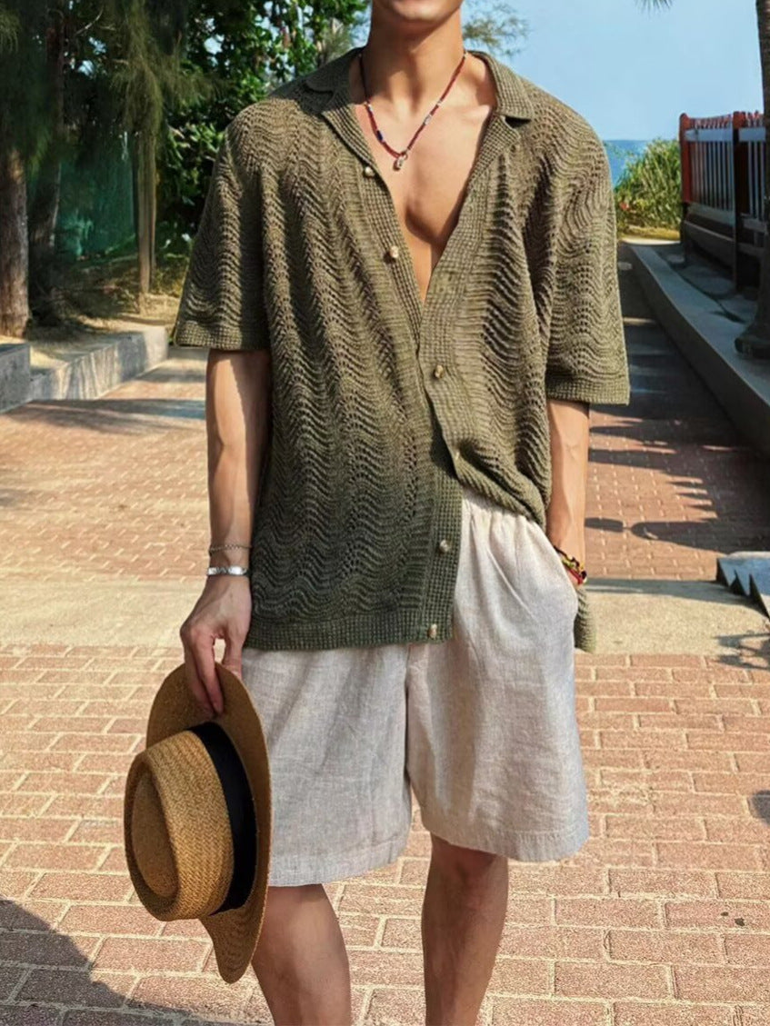Mens Green Hollow Out Knit Shirt with Cuban Collar