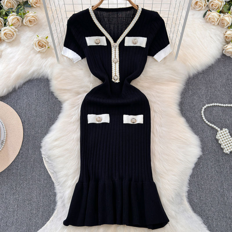 V-Neck Waist-Cinching Knitted Dress