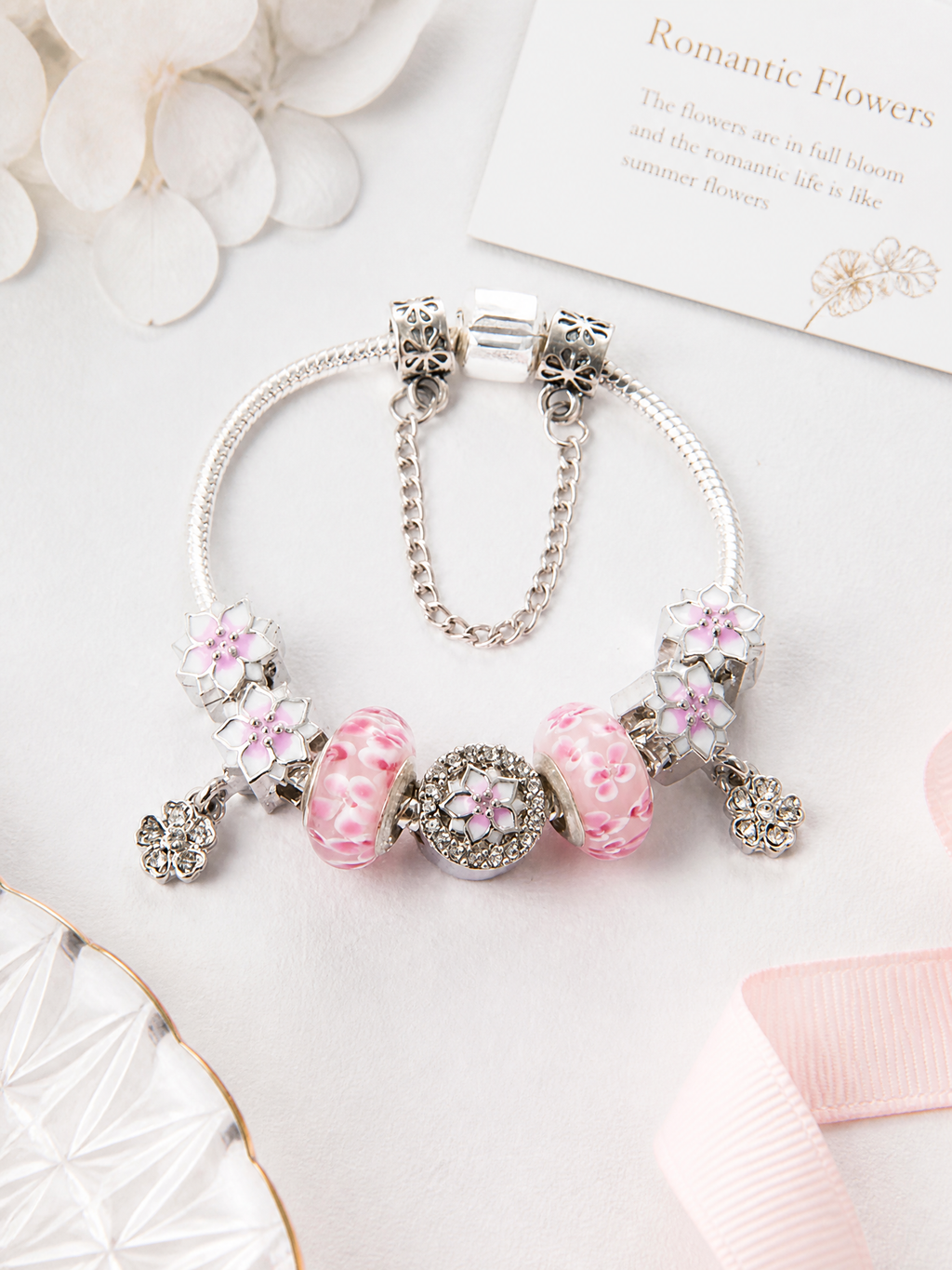 Floral Charm Bracelet in Polished Alloy with Pink Enamel Accents
