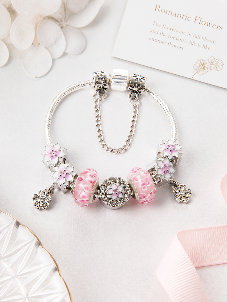 Floral Charm Bracelet in Polished Alloy with Pink Enamel Accents
