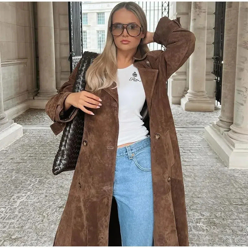 Retro Loose Long-Sleeved Belt Double-Breasted Windbreaker Jacket