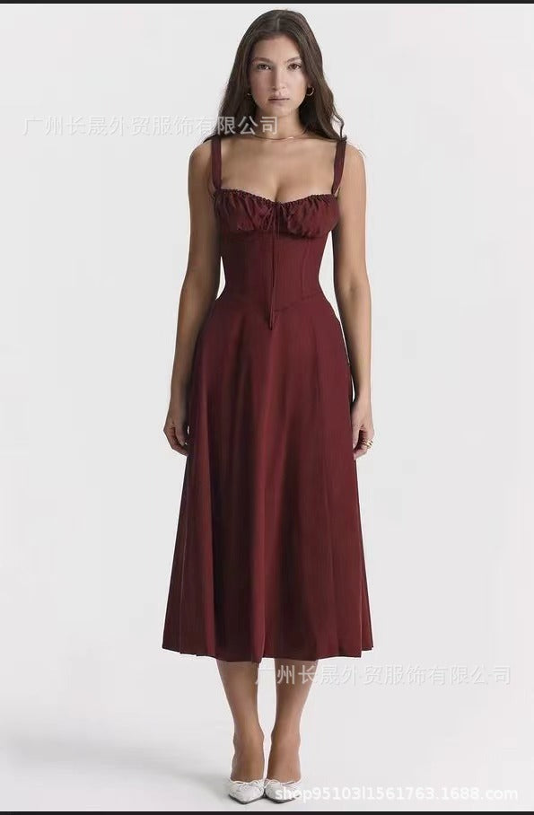 American  Hot Low-cut Sexy Digital Printed Chest Back Strap Waist Mid-length Dress