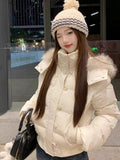 Retro long fur-lined hooded down jacket with down insulation