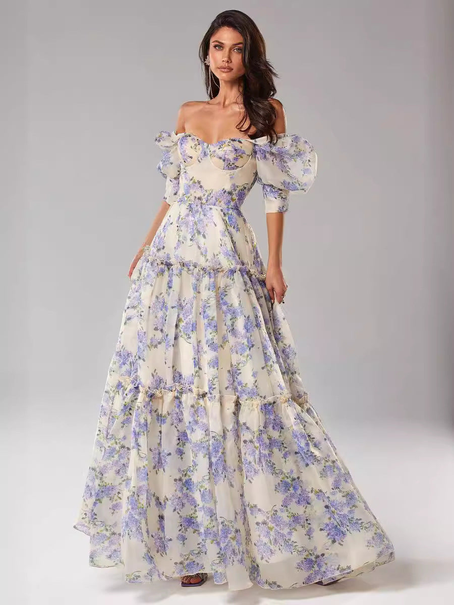 Off-Shoulder Organza Evening Dress with 3D Pattern