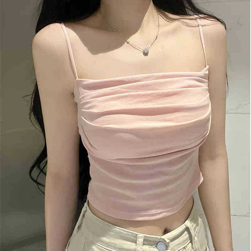 Korean Off-Shoulder Pleated Camisole Top with Adjustable Straps