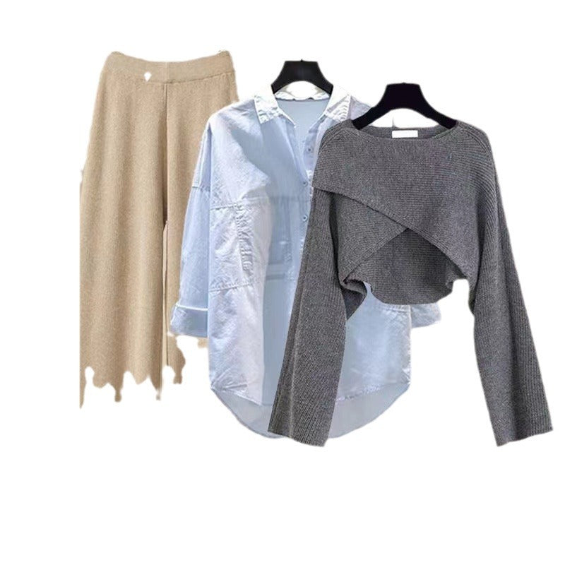 Knitted sweater shirt wide leg pants