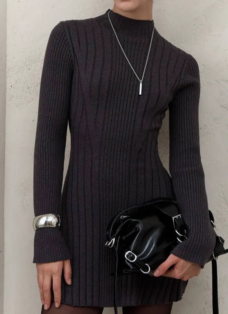 Long Sleeve High Collar Knitted Dress