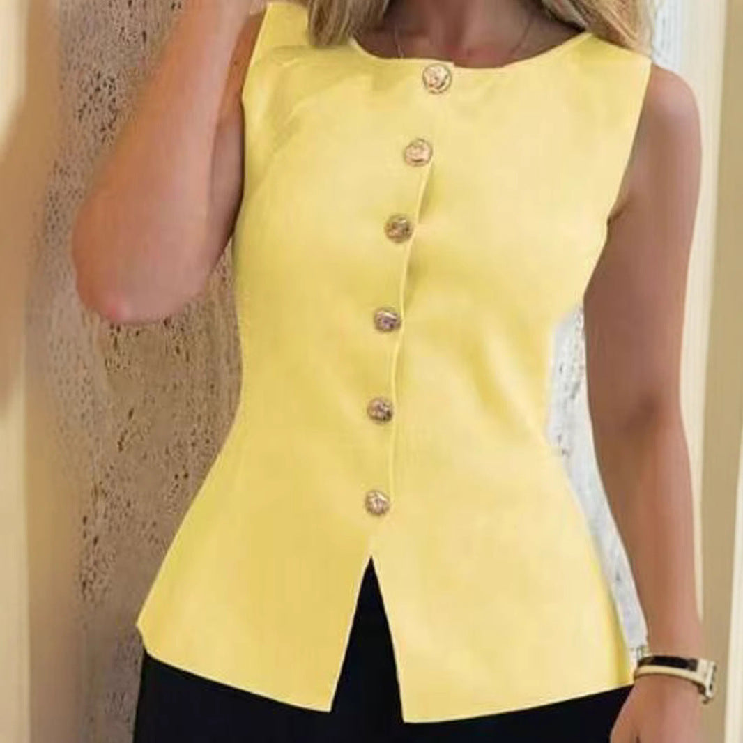 Round-neck sleeveless knitted cardigan