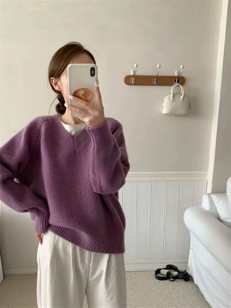 V-neck loose casual long-sleeved knitted sweater