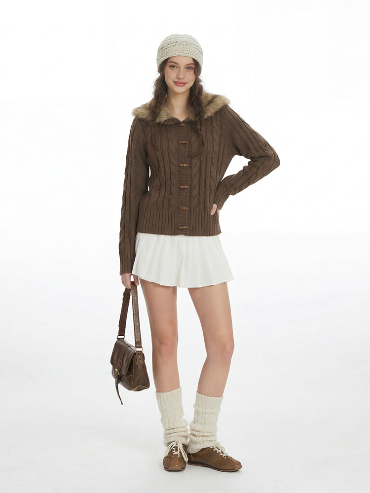 Womens Hooded Cardigan with Fur Collar