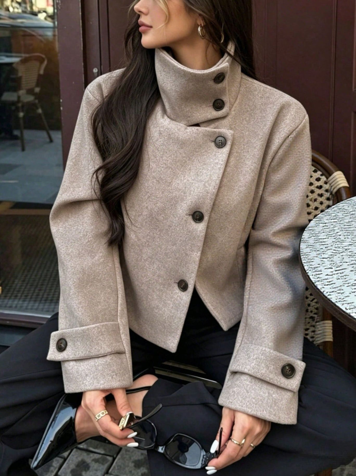 Womens Retro Stand Collar Jacket Solid Color Coat