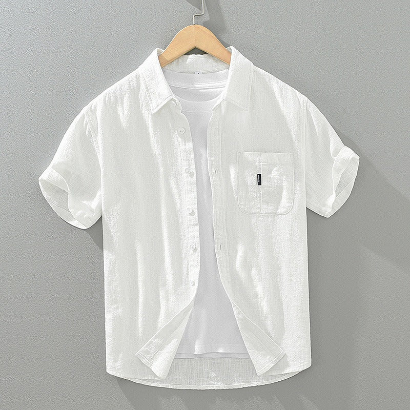 Men's Casual Ramie Blend Button-Up Shirt with Embroidery