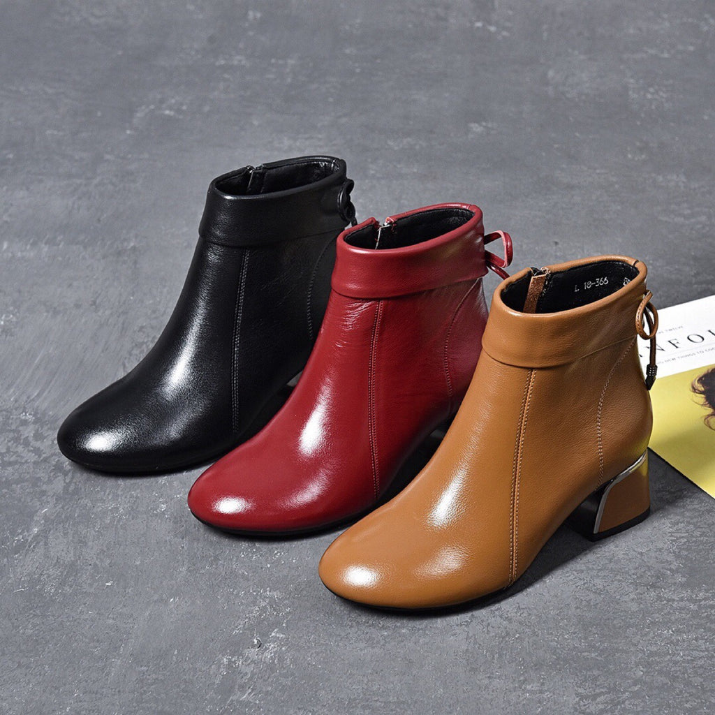 Women's Genuine Leather Chunky Heel Mid Boots
