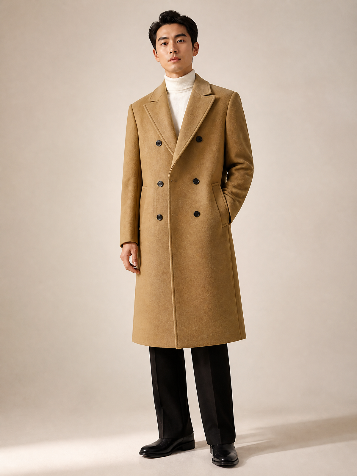 Men Woolen Coat Double Breasted Suit Collar Mid Long Jacket