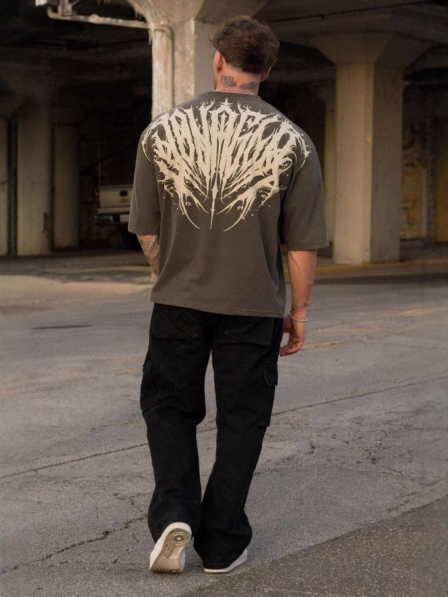 Cotton Wide Shoulder Sports T-Shirt with Printed Logo