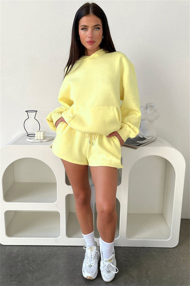 Solid-color hoodie and short-pant set