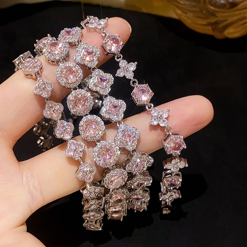 French Style Pink Zircon Flower Bracelet