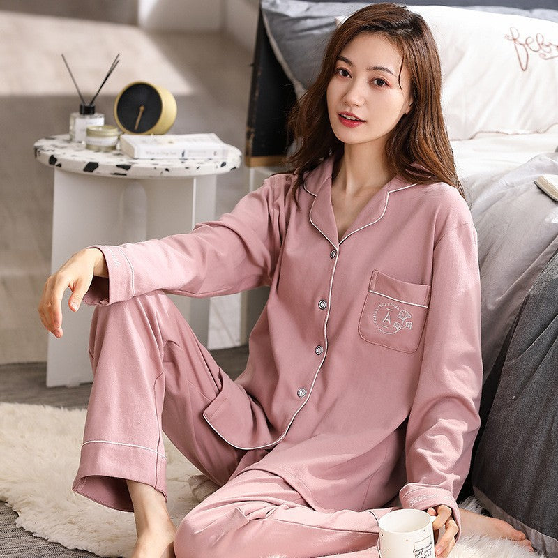 Womens Cotton Cardigan Pajama Long Sleeve Two-Piece Loungewear