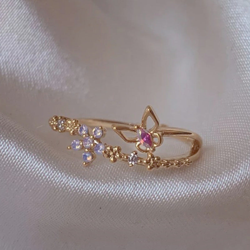 Adjustable Zircon Flower Ring with Gold Plating