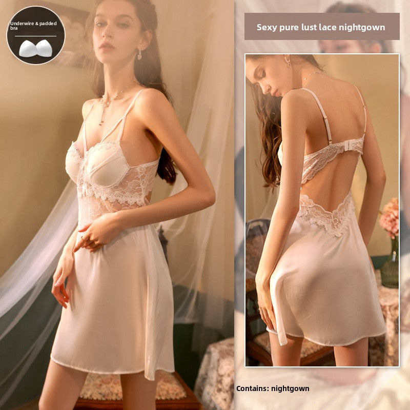 Womens French Style Ice Silk Nightdress