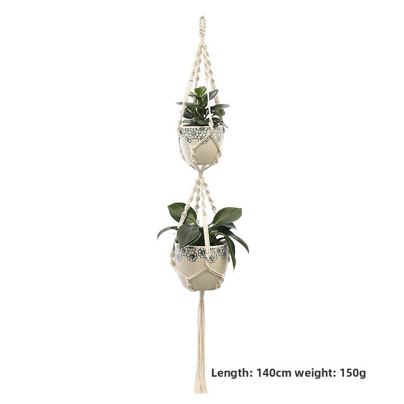 Handwoven Cotton Hanging Plant Basket with Decorative Accents