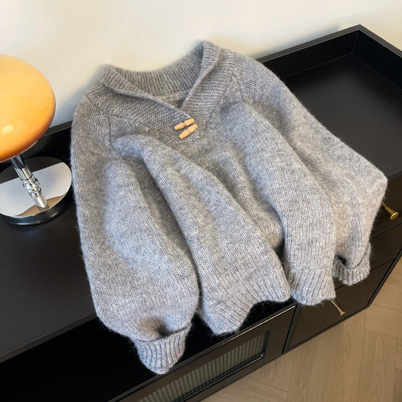 Womens Loose Fit Knit Sweater with Horn Buttons