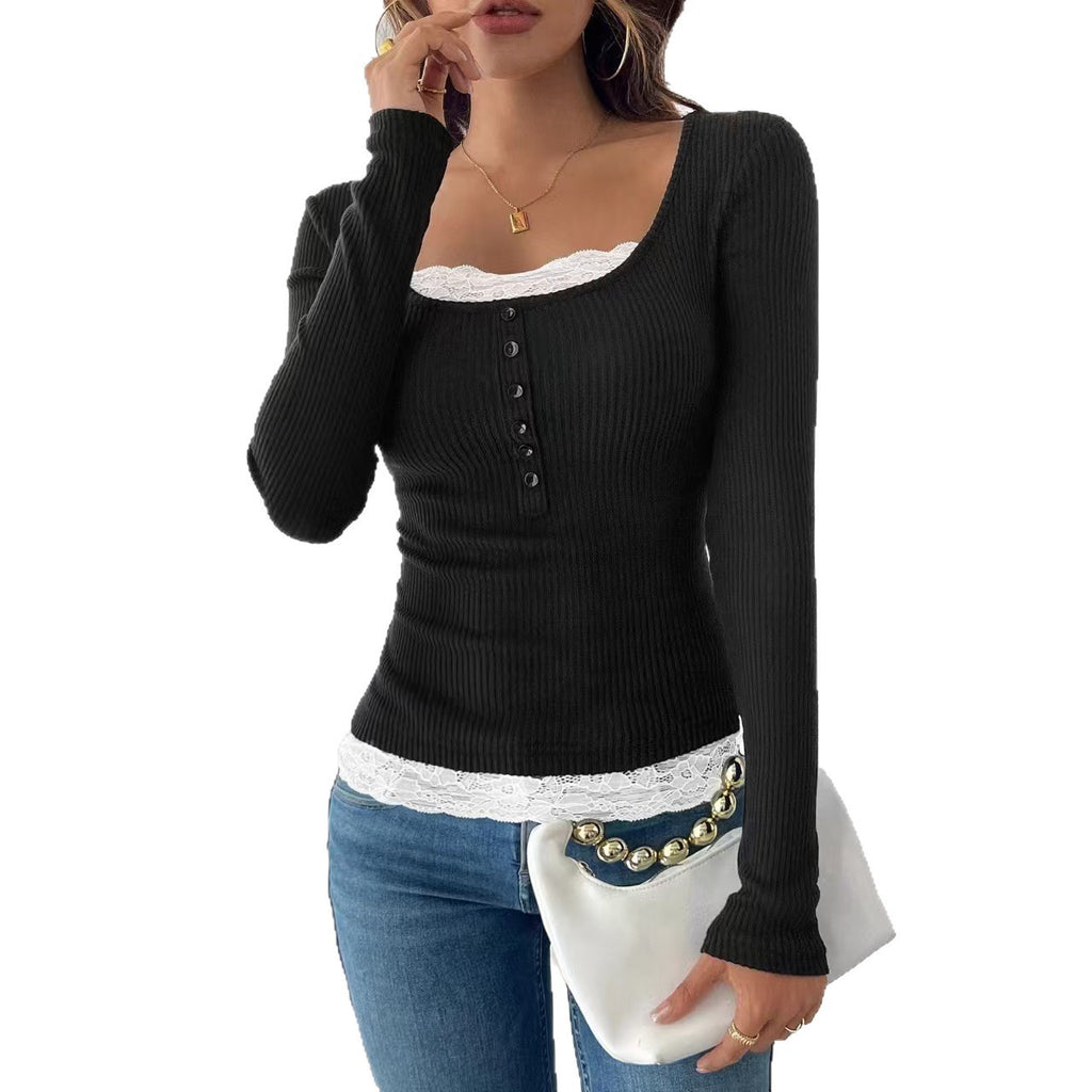 Square collar stitching lace single-breasted slim-fit long sleeves