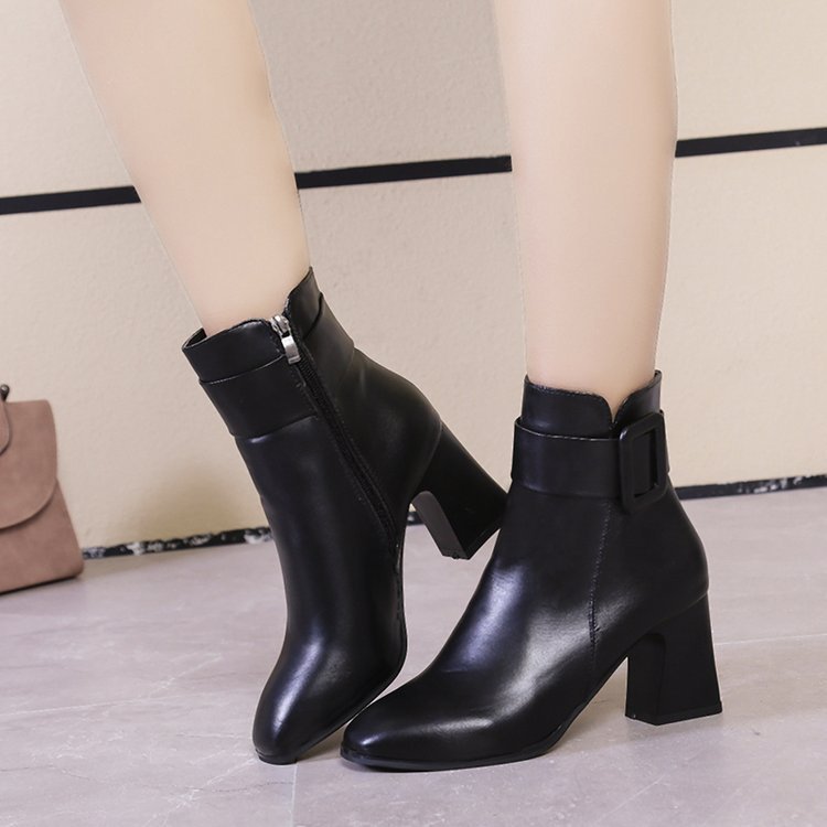 Womens PU Square Heel Ankle Boots with Side Zipper