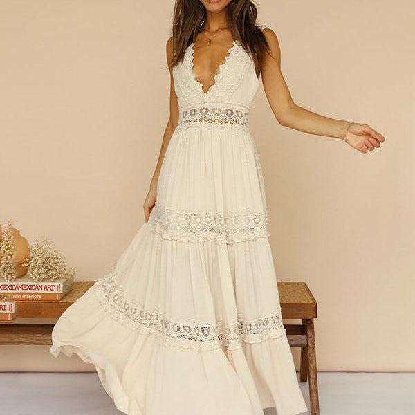 Ethereal White Lace Maxi Dress with V-Neckline