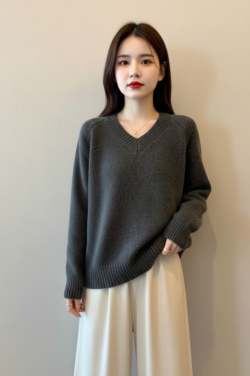 V-neck loose casual long-sleeved knitted sweater