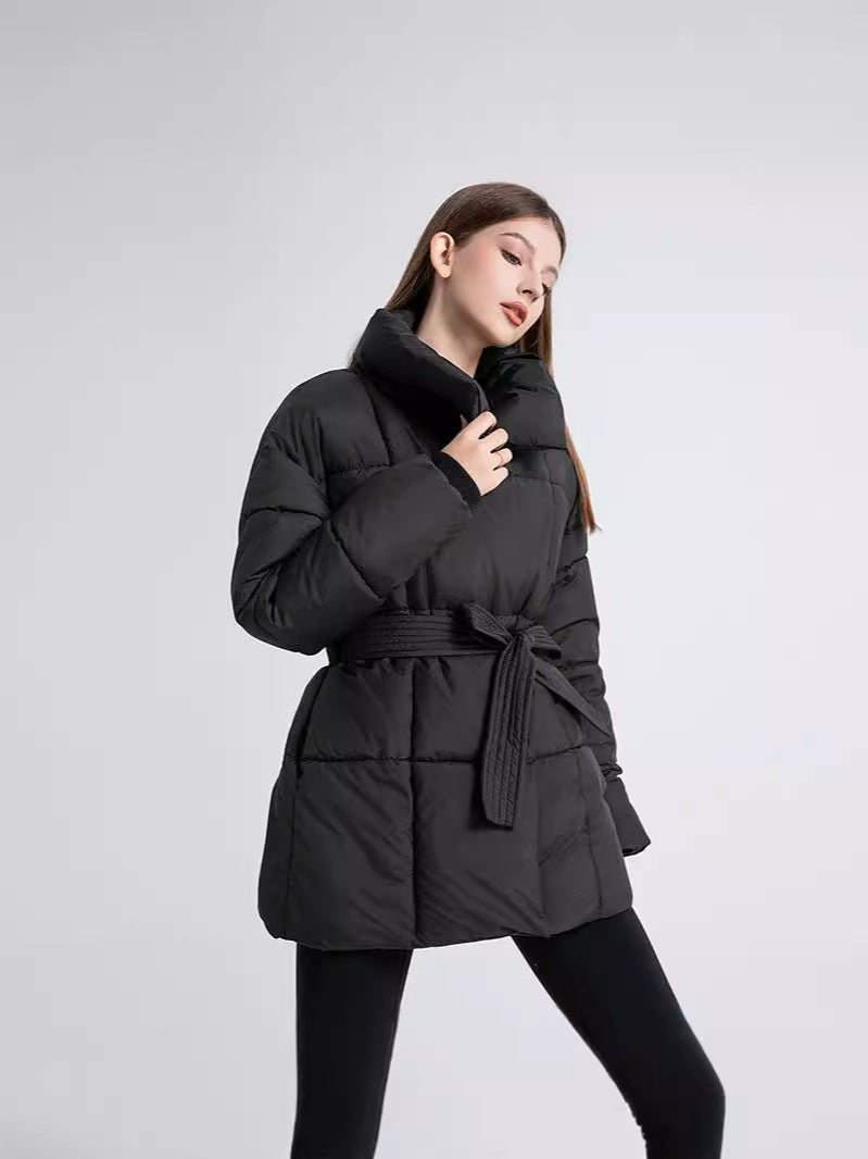 Mid-length womens winter coat with belt