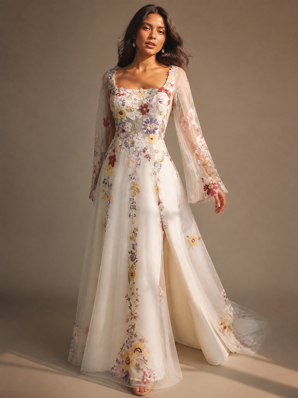 Sylvaine Floral Sheer Sleeve Evening Gown
