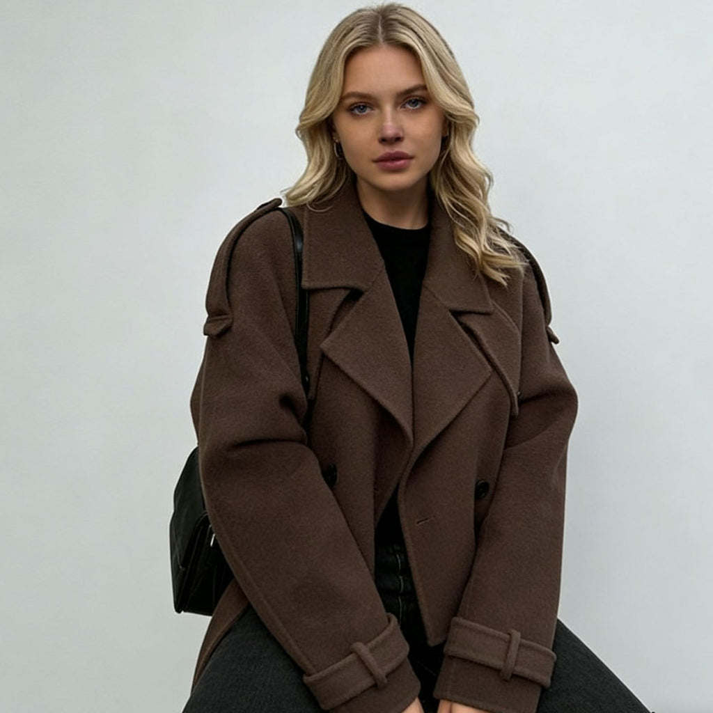 Womens Woolen Lapel Coat Short Belted Jacket