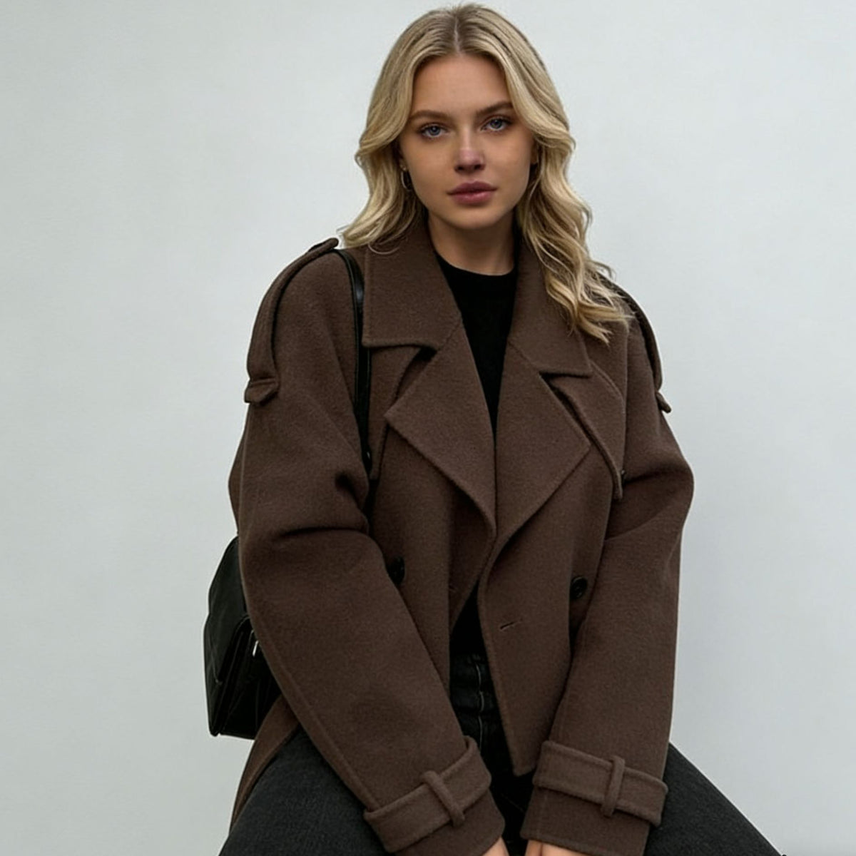Womens Woolen Lapel Coat Short Belted Jacket