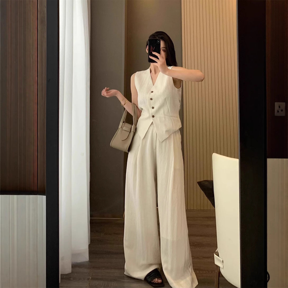 Vireo Linen Blend Sleeveless Vest and Wide-Leg Pants Set