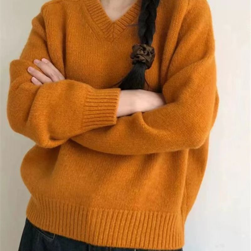 V-neck loose casual long-sleeved knitted sweater