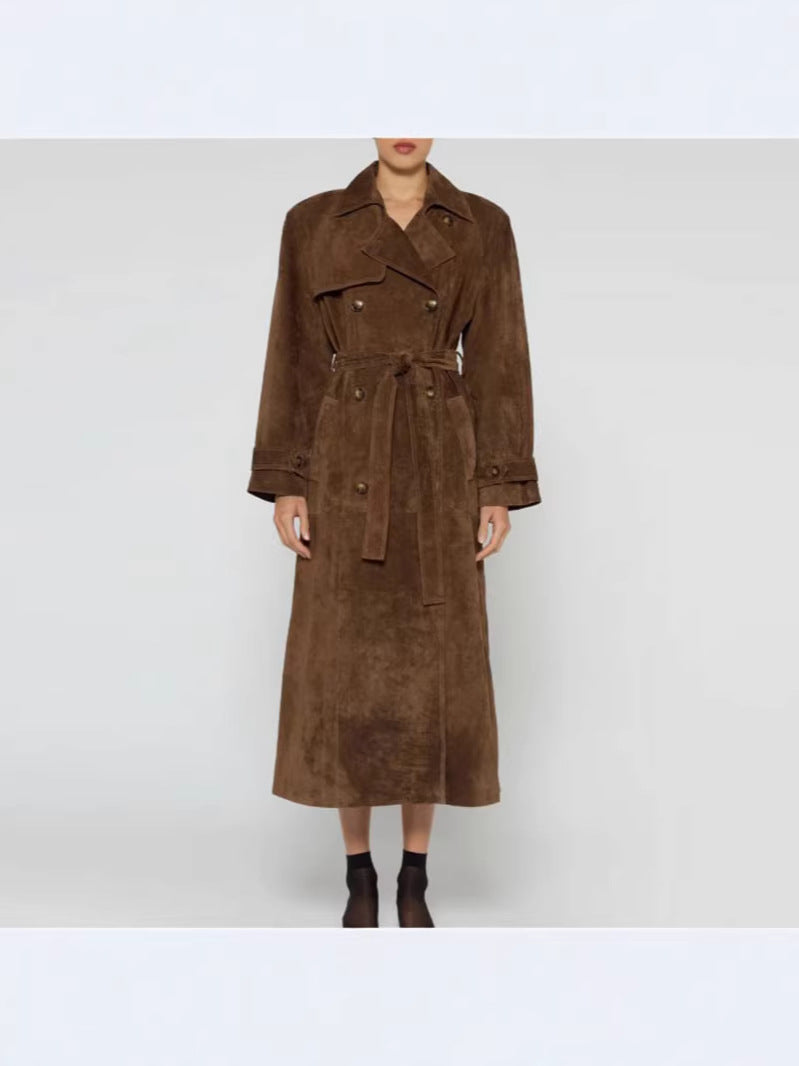 Retro Loose Long-Sleeved Belt Double-Breasted Windbreaker Jacket