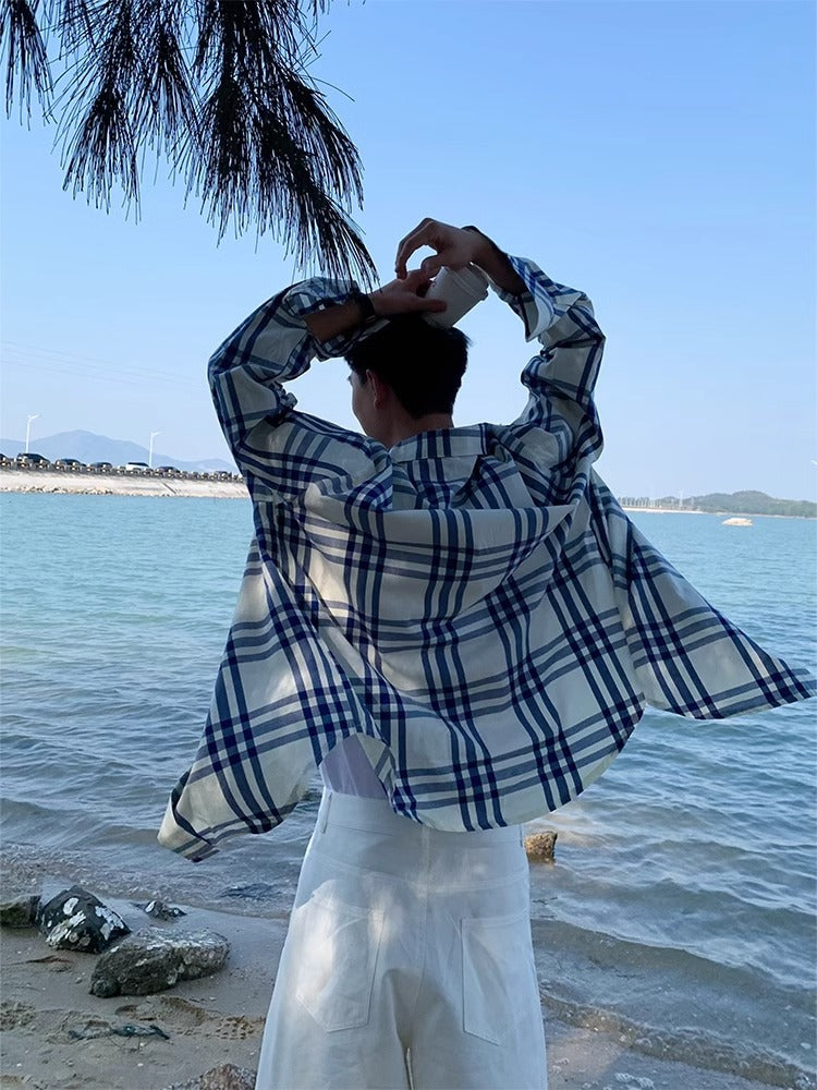 Loose Fit Plaid Shirt Casual Wear for Men - Blue, Sizes M-XXL