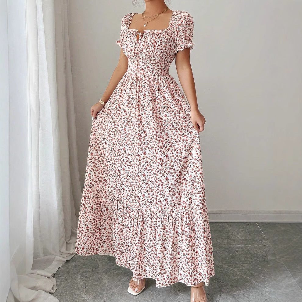 Floral Midi Dress with Square Neck and A-Line Silhouette