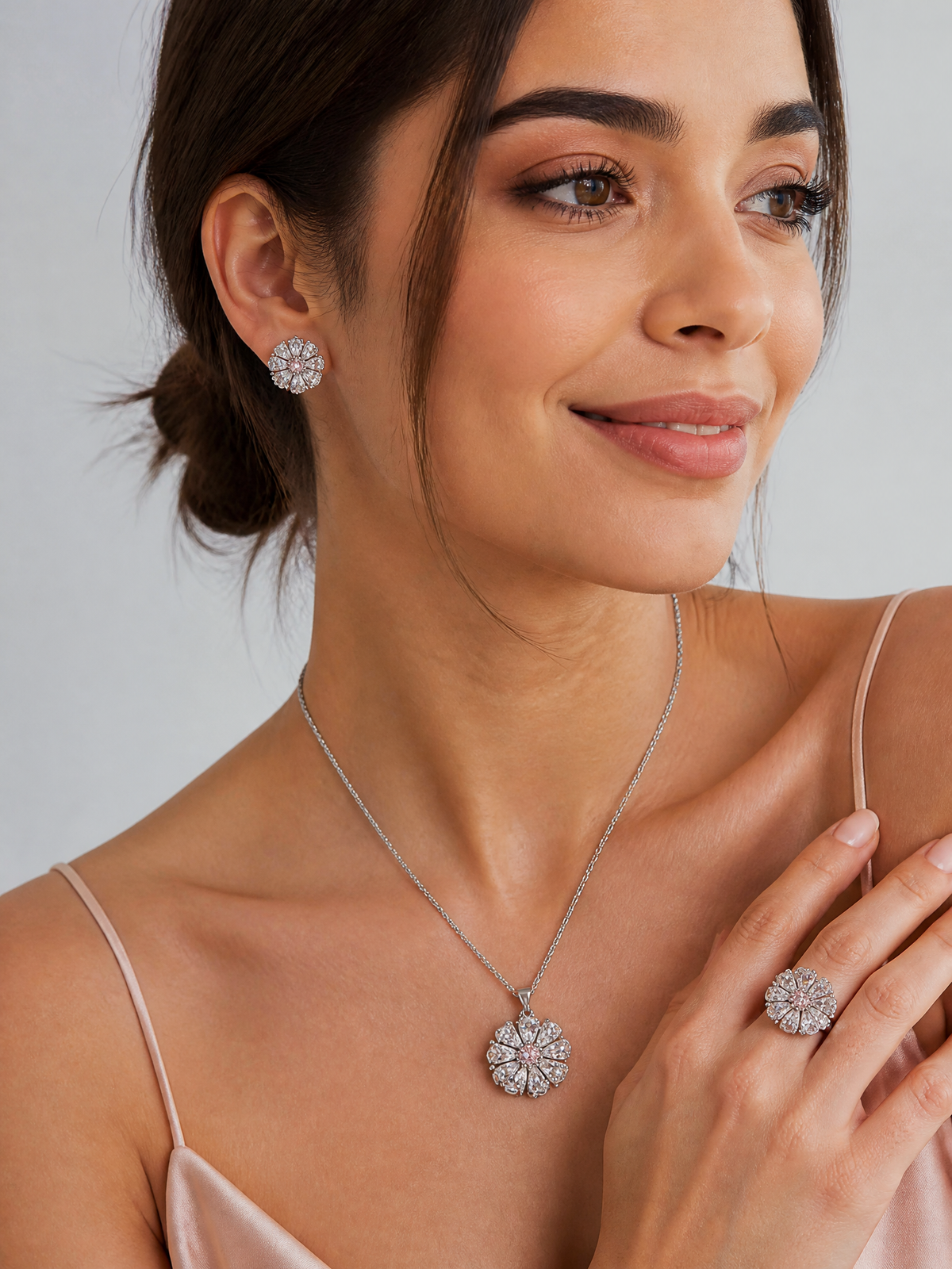 Sakura Bloom Jewelry Set: Zircon Crystal Floral Necklace and Earrings