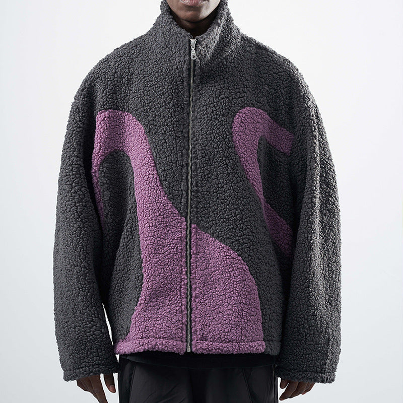 Contrast Color Lapel Coral Fleece Sweatshirt