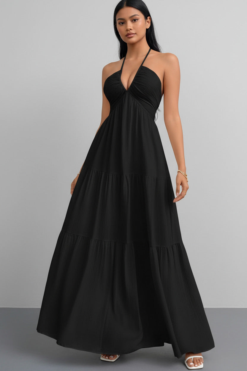 Bohemian Deep V-Neck Sleeveless Long Dress with Belt