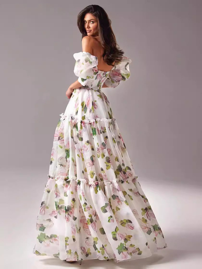 Off-Shoulder Organza Evening Dress with 3D Pattern