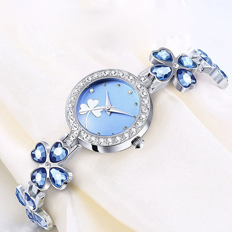 Clover Crystal Bracelet Watch for Women - Elegant Floral Timepiece